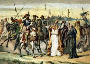 Barbareninvasionen - Attila und Papst Leo I. der Große, Chromolithographie des späten 19. Jahrhunderts