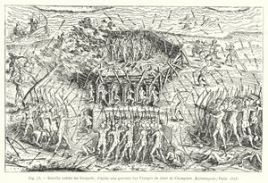 Schlacht gegen die Irokesen; nach einem Stich aus den Reisen des Herrn von Champlain, Xaintongeois, Paris von French School