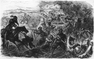 Schlacht von Coutras im Jahr 1587, gewonnen von Henri de Navarre, dem zukünftigen Heinrich IV. In „Histoire Populaire de la France“, ca. 1885. Gravur. von French School