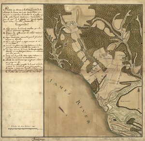 Schlacht von Green Spring, Karte des Landes am linken Ufer des James River gegenüber von Jamestown in Virginia, wo die Schlacht am 6. Juli stattfand