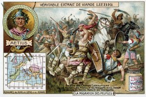 Schlacht auf den Katalaunischen Feldern, wo die Römer, die Franken und die Westgoten die Hunnen und Ostrogoten im Jahr 451 besiegten. Porträt des römischen Generals Aetius - Liebig Werbevignette von French School