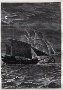 Schlacht der Schwalbe und eines malaysischen Piratenschiffs: Das Schiff Swallow von Philip Carteret oder Philippe de Carteret (1733-1796) kämpfte 1767 in den indonesischen Gewässern gegen ein malaysisches Piratenschiff - Illustration aus „Die großen Seefah von French School