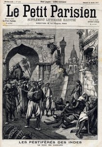 Von der Pest heimgesuchtes Indien, Einwohner fliehen vor der Epidemie, bevor sie die Beulenpest bekommen. Titelseite der englischen Zeitung Le Petit Parisien. 24. Januar von French School