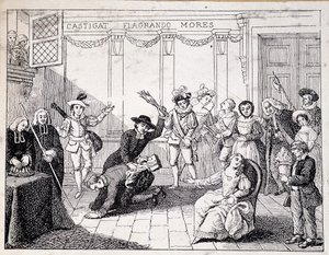 Beaumarchais wird in Saint Lazare ausgepeitscht - Szene der Züchtigung durch Beaumarchais, der die Broschüre des Folle journée in der Hand hält - nach einem Gemälde der Comédie Française, Gravur von French School