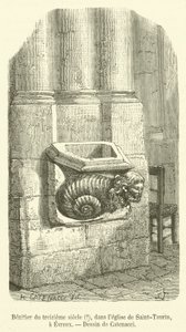 Weihwasserbecken aus dem 13. Jahrhundert?, in der Kirche Saint-Taurin, in Evreux (Stich) von French School