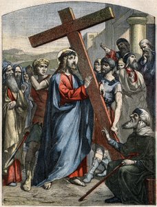 Biblische Szene - Kreuzweg: Jesus trägt das Kreuz. Gravur in „Le Pelerin“ vom 3. Mai