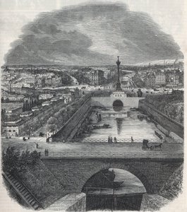 Vogelperspektive des Canal Saint-Martin (Saint Martin), des Platzes und des Bastille-Viertels, aufgenommen vom rechten Ufer der Seine - Gravur in „Tableau-de-Paris“ von Edmond Texier 1852 von French School