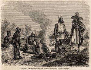 Schmied bei der Arbeit in Fouta Djalon (Senegal), Zeichnung von Hadamard, zur Illustration der Reise von Leutnant Lambert nach Fouta Djalon im Jahr 1860. Gravur in „Le tour du monde“ 1861. Selvas Sammlung. von French School