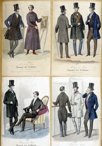 Tafeln, die die Männermode aus dem „Journal des tailors“ von 1848 illustrieren. von French School