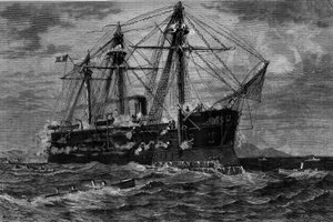 Schiff wird von Torpedobooten angegriffen (19. Jahrhundert). Gravur nach dem Gemälde von Pierre Emile de Crisenoy (19. Jahrhundert) in „The Illustrous World“ Nr. 1220 vom 14. August von French School