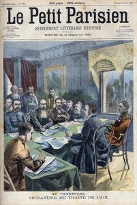 Burenkrieg. Die Unterzeichnung des Friedensvertrags von Transvaal zwischen Burenhäuptlingen und dem britischen General Horatio Herbert Kitchener (1850-1916) in Pretoria, Südafrika. Gravur in "Le Petit Parisien"