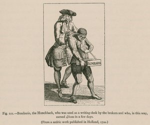 Bombario, der Bucklige, der als Schreibtisch von den Maklern benutzt wurde und auf diese Weise in wenigen Tagen 6000 Pfund verdiente von French School