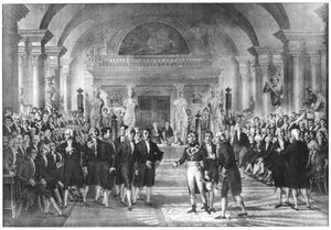 Bonaparte, Erster Konsul (1769-1821), besucht die Mitglieder der Académie des Sciences im Louvre, frühes 19. Jahrhundert von French School