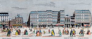 Boulevard Poissonniere und Boulevard Montmartre - Basar der Industrie - Rue Montmartre - Théâtre des Variétés und Passage des Panoramas - Gravur in „Tableau-de-Paris“ von Edmond Texier 1852.