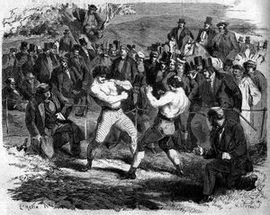 Boxkampf zwischen dem Engländer Thomas Sayers (1826-1865) und dem Amerikaner John Carmel Heenan (1833-1873) in Aldershot, England, 17. April