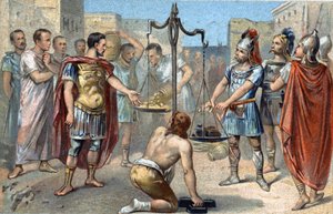 Brennus, Anführer des gallischen Stammes der Senonen, spricht das verhängnisvolle Vae victis (Wehe den Besiegten!) und wirft sein schweres Schwert auf die Waagschale, die das goldene Tributgewicht ausglich, das er von den Römern verlangte, um die Belagerun von French School