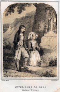 Bretonische Kostüme - Notre-Dame de Batz - Gravur in „Les soirées de mon oncle souvenirs et récits de voyages“ von MORING MICHEL - Ende 19. Jahrhundert von French School
