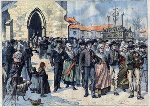 Bretonischer Brauch: Traditionelle Hochzeit in Plougastel (Finistère, Bretagne). Hochzeitsgesellschaft verlässt die Kirche. Gravur in Le Petit Parisien von French School