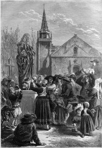 Bretonischer Brauch: "festar goadgennon" oder "das Fest der Blutwürste". Die Bewohner eines Dorfes bedecken eine Statue des Heiligen Antonius des Großen (oder Heiligen Antonius des Einsiedlers oder Heiligen Antonius des Abtes) mit Socken. Einige Bauern bri