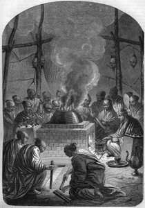 Buddhismus: Einäscherung eines tibetischen Lamas (hoher Priester) bei den Kalmücken in Russland. von French School
