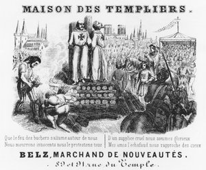 Verbrennung der Tempelritter, Briefkopf eines Tuchgeschäfts, Maison des Templiers, Belz, rue du Temple, Paris, ca. 1840 von French School