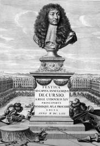 Büste von Ludwig XIV. dem Großen (1638-1715) - in „Festiva ad Capita Cancellumque Decursio, A Rege Ludovico XIV...“, C. Perrault, Paris Imprimerie Royale von French School