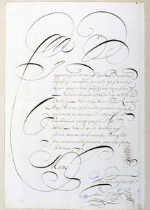 Kalligraphie: Kalligrafierter Rechnungsbrief um 1678 von Francois de Bruyn. Historische Bibliothek der Stadt Paris
