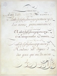 Kalligraphie: Manuskriptstück, das das Prinzip von drei französischen Schriften darstellt, gegen Ende des 18. Jahrhunderts von Andre Tardieu. von French School