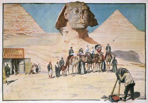 Karawane von Touristen wird vor der Sphinx in Gizeh fotografiert von French School