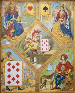 Kartenspiel, Platte mit Herz-König, Pik-Dame, Karo-Zehn und Kreuz-Bube, Zwerg Lindoro mit Karo-Sieben in der Mitte, Frankreich von French School