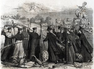 Karikatur über Unigenitus, eine apostolische Konstitution in Form einer päpstlichen Bulle, die 1713 von Papst Clemens XI. verkündet wurde und die letzte Phase der Jansenistenkontroverse in Frankreich einleitete, 1713