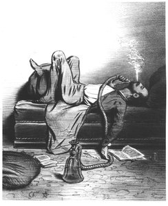 Karikatur des romantischen Schriftstellers, der seine Inspiration im Haschisch sucht, ca. 1849