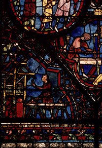 Zimmerleute bei der Arbeit, Detail aus dem Leben des Hl. Julian der Gastfreundliche Fenster im nördlichen Umgang