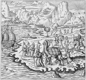 Warenbeförderung per Kamel zum Beladen von Schiffen, die den griechischen Handelsposten in Alexandria nach Europa verlassen. Gravur in „La Marine et les colonies: commerce“ von French School