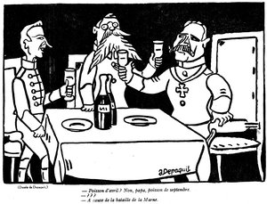 Karikatur eines deutschen Soldaten und seines Vaters mit einer satirischen Anspielung auf die deutsche Katastrophe an der Marne, aus der April-Ausgabe von La Baionette, 29. März 1917