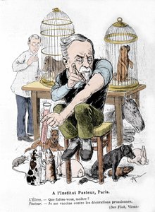 Karikatur des Wissenschaftlers Louis Pasteur, Erfinder des Impfstoffs gegen Tollwut, wie er sich selbst gegen preußische Auszeichnungen impft. Veröffentlicht in „Der Floh“ von French School