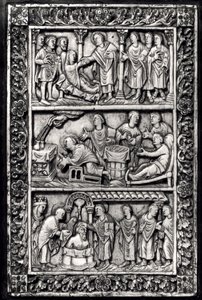 Geschnitzte Platte für einen Bucheinband, Szenen aus dem Leben des St. Remigius und die Taufe von Chlodwig I.