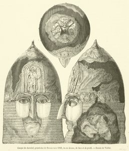 Helm von Jaroslaf, Großfürst von Russland um 1238, von oben, von vorne und im Profil von French School