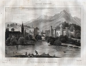 Schloss von Ivrea - Castello di Ivrea - Gravur aus „Italien pittoresk“ von M. de Norvins, Ch. Nodier 1834-1836