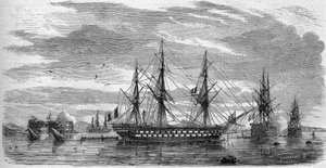 Katholisches Fest: Karfreitag in Toulon (Var, 83) im Jahr 1858. Die Schiffe haben ihre Masten gekreuzt und ihre Flaggen auf Halbmast als Zeichen der Trauer. Gravur in „Le Monde Illustré“ Nr. 53 vom 17. April 1858. von French School