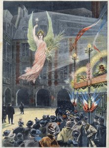 Hundertjahrfeier der Geburt des französischen Schriftstellers Victor Hugo (1802-1885): der Geist des Ruhms steigt auf das Haus des Dichters, Place des Vosges in Paris, in 