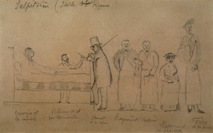Charcot, gezeichnet von einem seiner Schüler. Von links nach rechts: Patientin Genevieve in einer Zwangsjacke, Doktor Desire Magloire Bourneville mit einem Thermometer, Jean Martin Charcot, Raymond und Brissaud, Me Tirperme und Charles Fere. Heilige Königi von French School