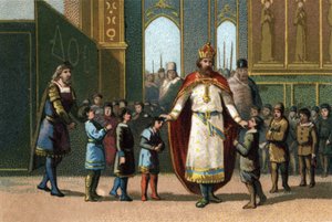 Karl der Große, König von Frankreich (768-814), Gründer der Schule, überwacht den Unterricht. Chromolithographie um 1890. von French School