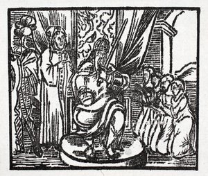 Karl der Große schlägt die Ritter Reynauld, Guichard, Alard und Richardet, Söhne des Herzogs von Aymon, zu Rittern