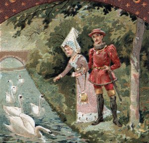 Karl VII. (1403-1461) mit seiner Favoritin, Agnes Sorel (bekannt als die Dame von Beauté-sur-Marne) (1422-1450), füttert Schwäne im Park des Schlosses von Savigny-sur-Orge. Chromolithografie des späten 19. Jahrhunderts von French School