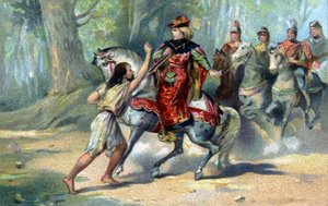 Karl VI. verfällt im Wald von Le Mans dem Wahnsinn. Chromolithographie aus dem späten 19. Jahrhundert
