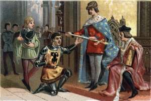 Karl V., der Weise (1338-1380), übergibt feierlich das Schwert des Konnetabel Bertrand du Guesclin (1320-1380). Chromolithographie um 1890. von French School