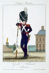 Jäger der Nationalgarde, aus Troupes Francaises, veröffentlicht bei Basset, Paris, um 1790