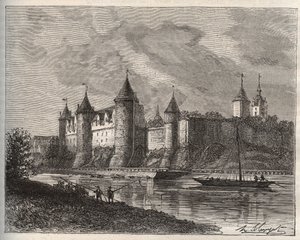 Schloss Josselin - Morbihan in der Bretagne - Gravur in „La France illustree: Geographie, Geschichte, statistische Verwaltung“ von V.A. Malt-Brown. 1884