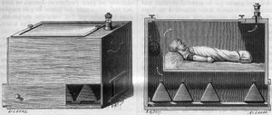 Kinderinkubator von Dr. Alfred Auvard (1855-1940), nach dem in der Entbindungsstation verwendeten Apparat, links Außenansicht, rechts Innenansicht. In „La Nature. Revue des sciences et de ses applications aux arts et à l